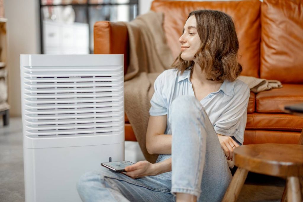 Pretty woman sitting near air purifier and moisturizer appliance near sofa monitoring air quality in phone. Health microclimate at home concept.