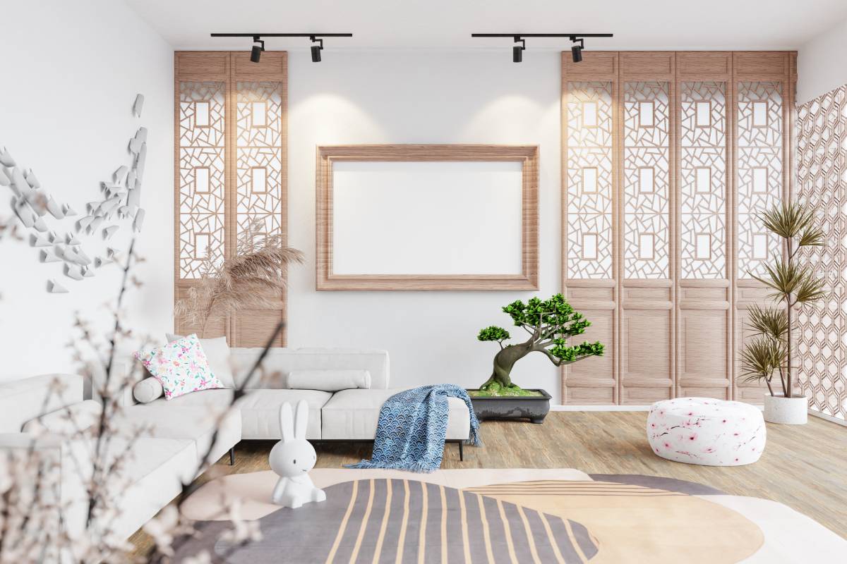 3D illustration, Mockup photo with beautiful frame in lounge or living room with sofa bed,  decorated contemporary retro and modern styles for beauty and comfort. rendering