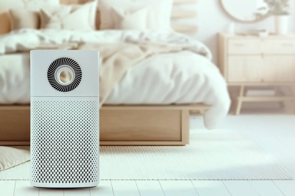 Air purifier white bedroom for filter and cleaning removing dust PM2.5 ,for fresh air and healthy life,Air Pollution Concept