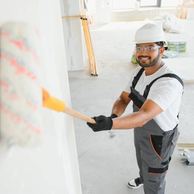 An Indian apartment repair worker paints a white wall with a roller.