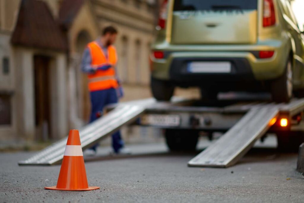 Selective focus on orange traffic road cone standing on asphalt protect roadway front of tow truck