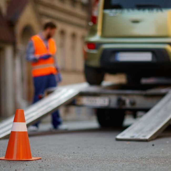 Selective focus on orange traffic road cone standing on asphalt protect roadway front of tow truck