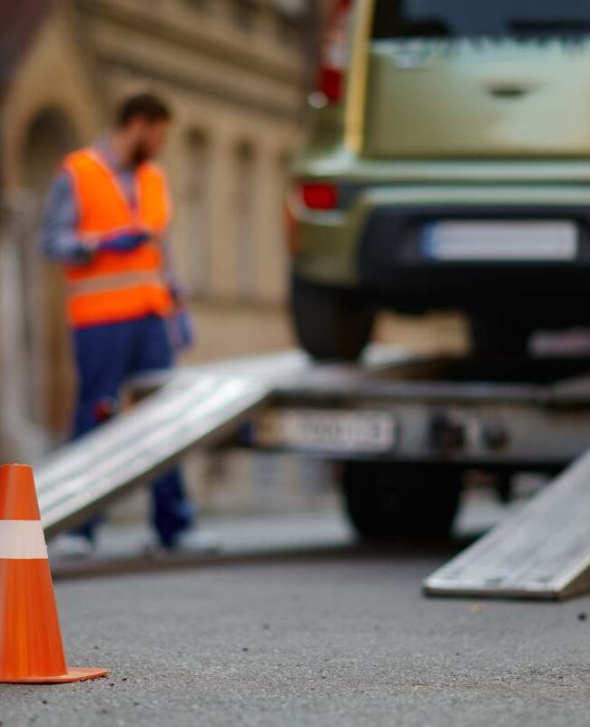 Selective focus on orange traffic road cone standing on asphalt protect roadway front of tow truck