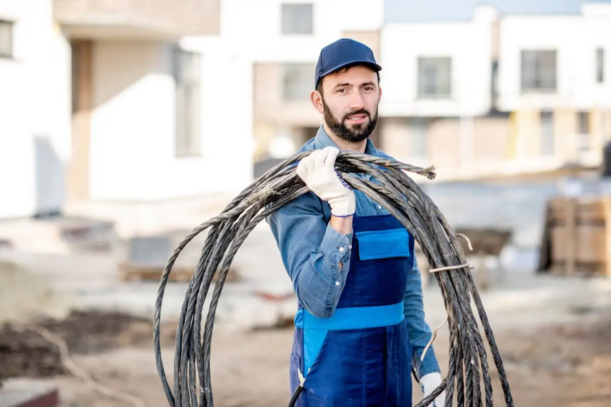 Portrait of a handsome electrician in uniform with power cable for the network on the construction site