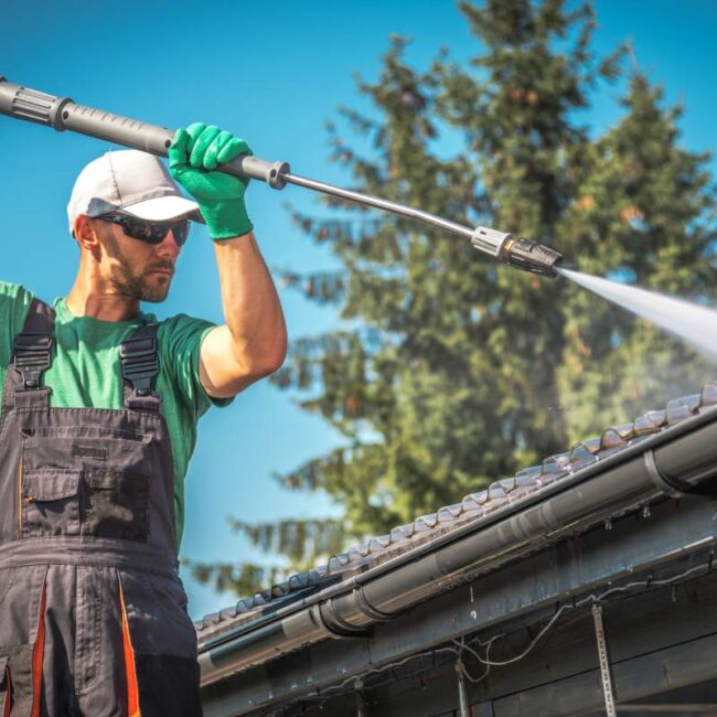 Washing Plastic Transparent Carport Roof by Caucasian Men. Pressure Washer Job.